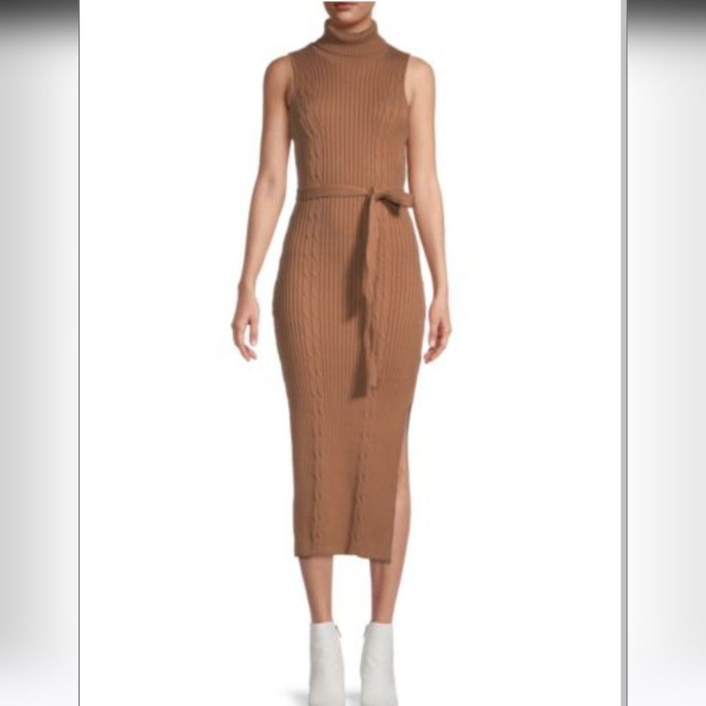 Women's BeBe tobacco brown sleeveless turtle neck cable knit midi dress sz M